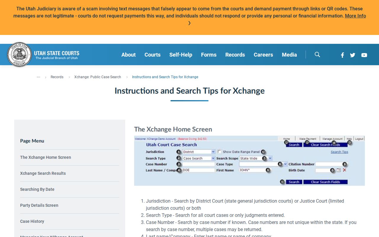 Piute County criminal court case search fields and Xchange results