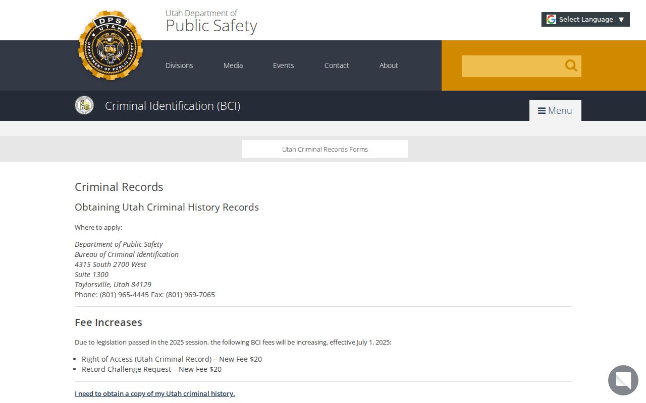 Piute County criminal history Right of Access information from Utah BCI