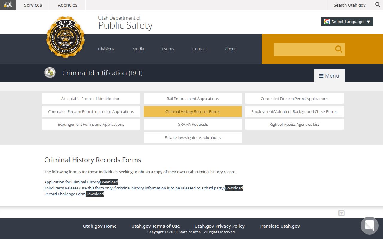 Piute County criminal record forms and challenge options at Utah BCI