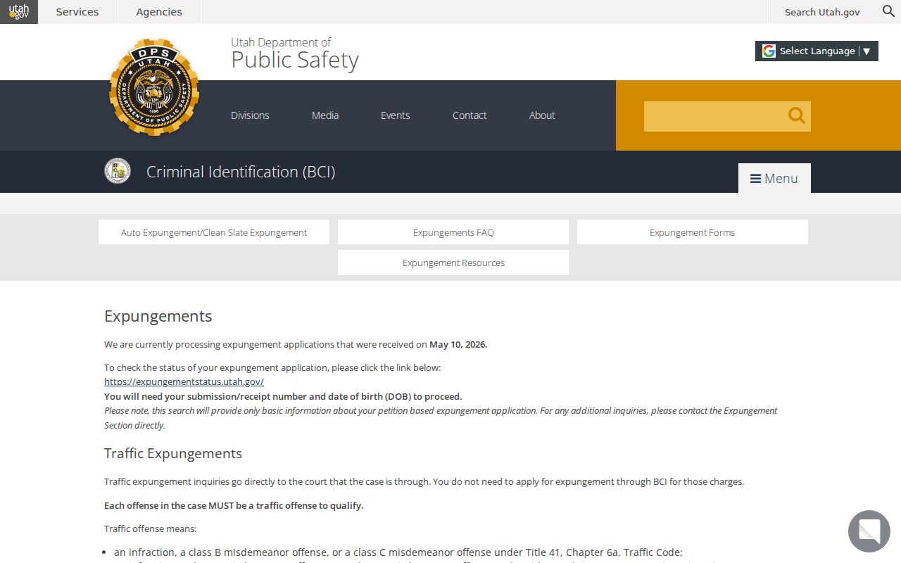 Piute County criminal record expungement guidance from Utah BCI